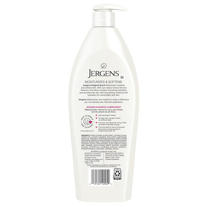 Jergens Original Scent Dry Skin Body Lotion, Hand and Body Moisturizer, Cherry Almond Essence, Dermatologist Tested, 21 Oz