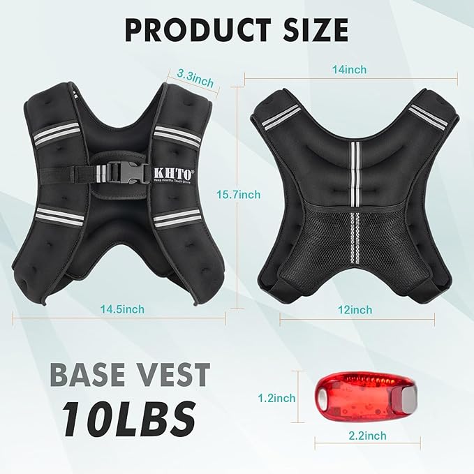 KHTO Weighted Vest Woman Men-5lbs/10lbs/15lbs/20lbs/25lbs/30lbs Weight Vest with Warning Light Reflective Strip for Workout, Strength Training, Running