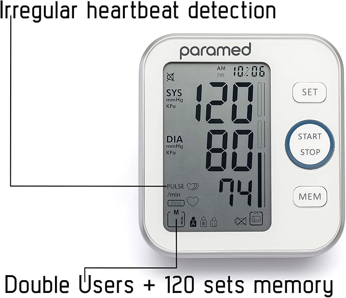 Paramed Blood Pressure Monitor - Bp Machine - Automatic Upper Arm Blood Pressure Cuff 8.7-16.5 inches - Large LCD Display 120 Sets Memory - Device Bag & Batteries Included