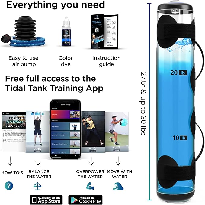 Tidal Tank Tube - The Original Aqua Bag - Water Weight Bag up to 79 lbs - Adjustable Workout Sand Bags Weights Alternative - Portable Sandbag Fitness Equipment Set, Home Exercise Gym - Including App