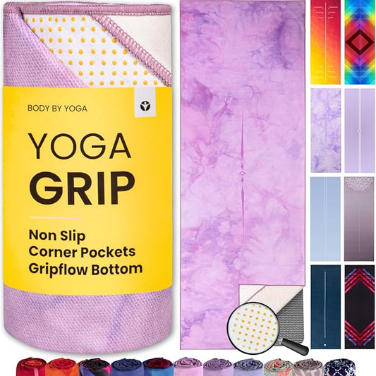 Yoga Grip Yoga Towel - Non Slip Hot Yoga Mat Towel With Corner Pockets, No-Skid Grip, and Built-in Alignment Lines | Soft, Moisture Wicking, and Sweat Absorbent | No Bunching, Stays in Place 72" x 25"