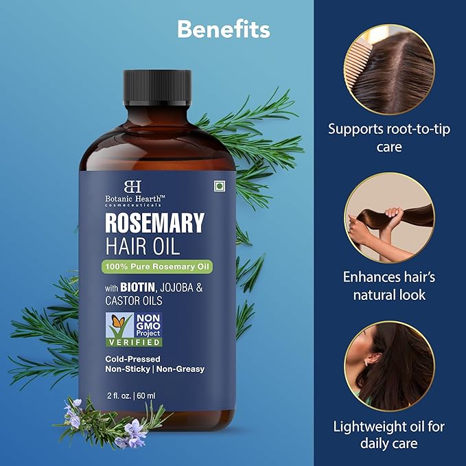 Botanic Hearth 100% Pure Rosemary Oil For Hair Growth Infused With Biotin, Jojoba & Castor Oil | Hair Oil Repairs Dry Damaged Hair, Strengthening, Healthier - Hair Tonic, 2.0 fl oz