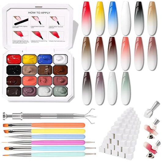 Sponges Pat Gel Nail Polish Palette, 16 Colors Blending Ombre Gel Polish Set Patting Gradient Painting Nails Art, No Wipe, UV/LED Cured, 100Sponges 6Brushes 1Grabber Tools Kit (Set 03)