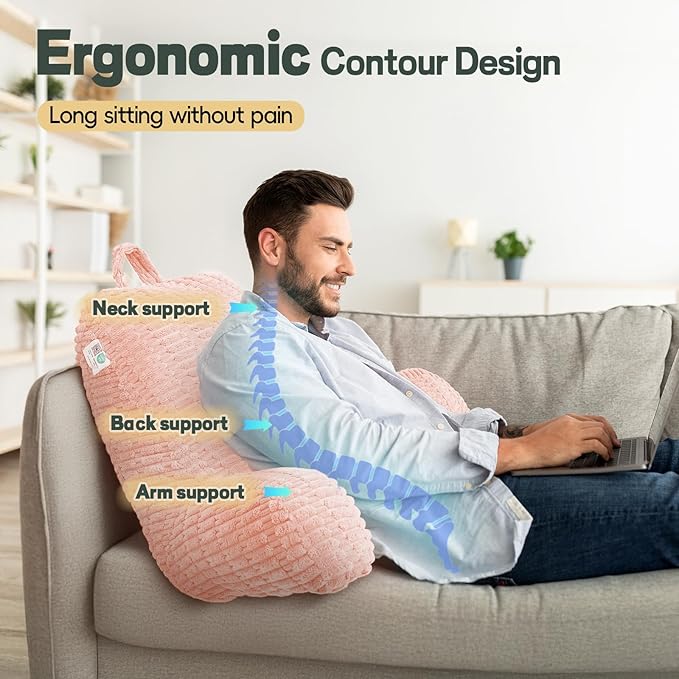 21" Higher Large Reading Pillow for Bed Adult, Back Pillow for Bed Sitting Up with Memory Foam Back Support with Arms Rest for Couch Chair Pink