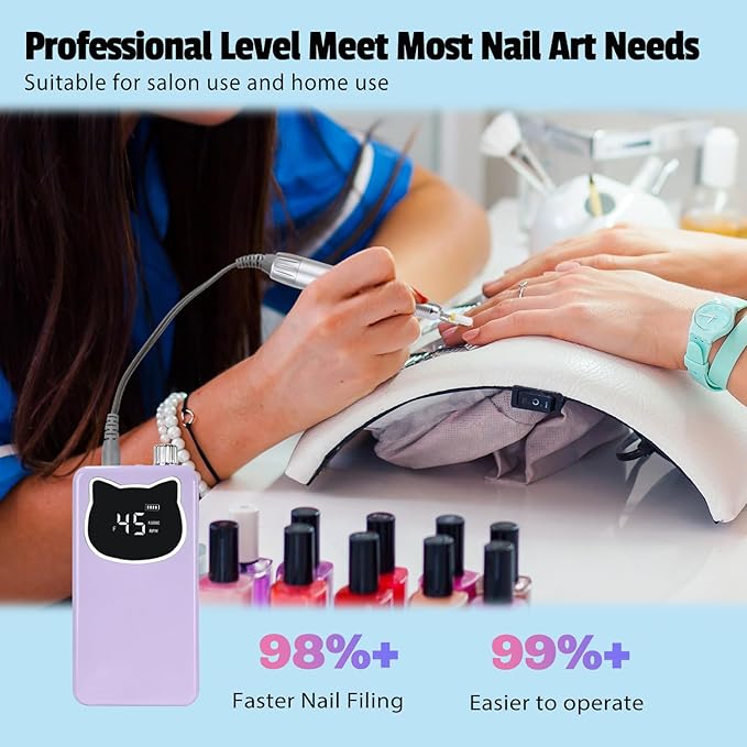 Professional Nail Drill File 45000RPM Electric Portable Nails Drills Kit with Rechargeable 7 uñas Bits Cordless Efile for Poly Gel Acrylic Nails Remover Home Salon Pedicure Manicure Tool (Purple)