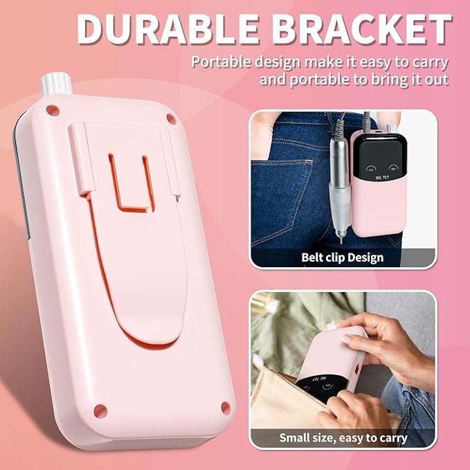 LIMEGIRL Professional Electric Nail File Drill Bits Kit 45000RPM for Acrylic Toenail Machine Clippers with 14 Drill Bit Pink Portable Rechargeable Cordless