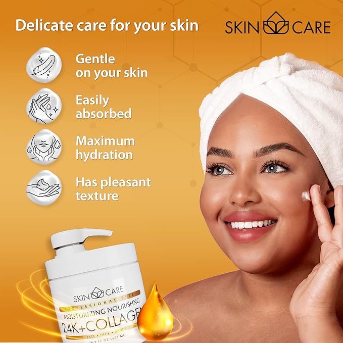 Skin Care 24K Gold & Collagen 3-in-1 Moisturizer Face Cream, Neck and Hands - Treatment for Crepey Texture, Wrinkles and Sagging - Daily Lotion for All Skin Types - 16.9 fl. oz.