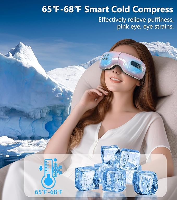 Eye Massager with Heat and Cooling for Migraines, Dry Eyes, Dark Circles, Rechargeable Bluetooth Music Heat Cold Eye Massager Mask Improve Sleeping Gifts for Woman and Man