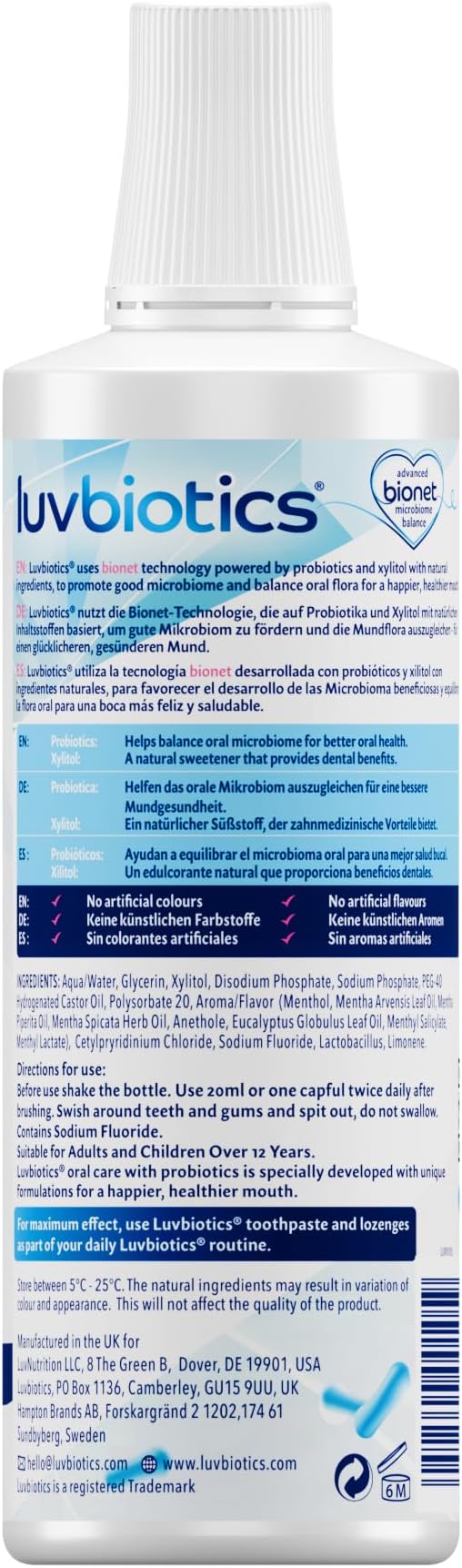 Luv Biotics Mouthwash with Oral Probiotics, Xylitol & Aloe Vera - 3 x 500ml