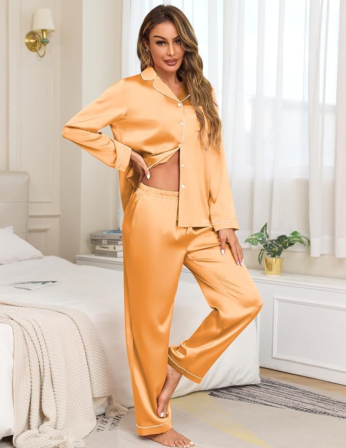 Veseacky Womens Satin Pajama Set Silk Pjs Button Down Long Sleeve Sleepwear Loungewear Sleepwear 2 Piece Pjs Set S-XXL