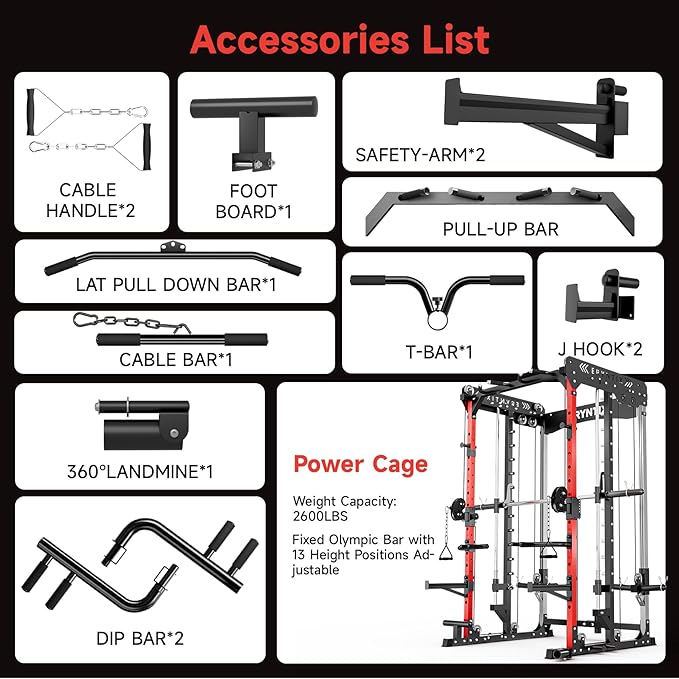 Smith Machine Home Gym for Strength Training, All-in-One Power Cage with Cable Crossover, Squat Rack, LAT Pulldown, Pull-Up Bar, 2600LBS Capacity Gym System with 18 Attachments