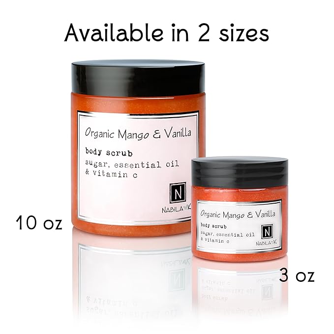 Organic Mango & Vanilla Body Scrub Made in USA with Essential Oil and Vitamin C by Nabila K - Exfoliate and Moisturize for Smooth Skin - Luxury for Women & Men, 3 oz