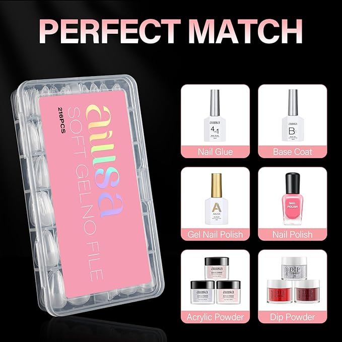 AILLSA Medium Almond Nail Tips Gel Half Matte Acrylic Nail Tips Clear Gelly Full Cover Pre-Filed Press on Nail tips Fake Nails For Extentions Manicure Salon Home DIY 216PCS 12 Sizes