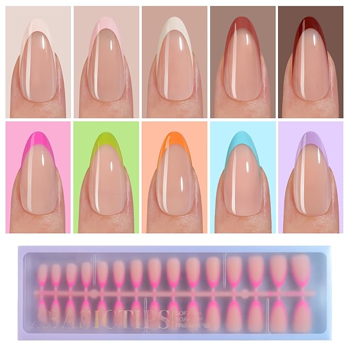 Misssix XBASICTIPS French Tip Press On Nails, 300Pcs Medium Almond French Gel Nail Tips, Soft Gel Pre-shaped No Need to File 3 in 1 Tips, Fake Nails for Nail Art DIY Extension Designs 15 Sizes