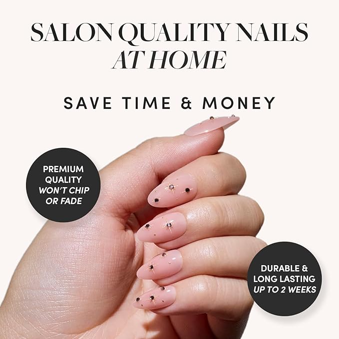 Glamnetic Press On Nails - Pink Comet | Short Almond Fake Nails in Pale Blush Pink with Lavender 3D Gems in a Glossy Finish, Salon Quality Holiday Winter Nails | 15 Sizes - 30 Nail Kit with Glue