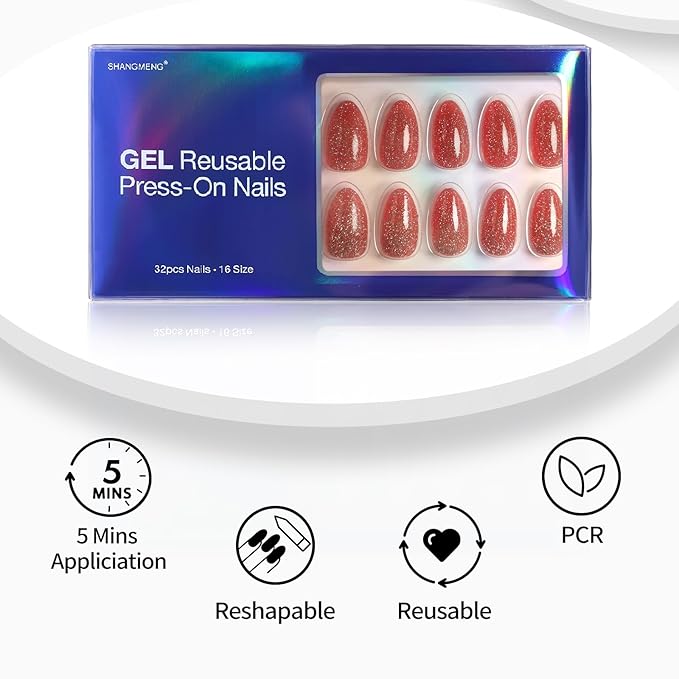 Glitter Red Press on Nails Almond with Sparkling Diamond - Soft Gel Fake Nails Short with Glue, Glossy Glue On Nails for Women Gift in 16 Sizes - 32 Reusable Nails, Starlight Red Orange