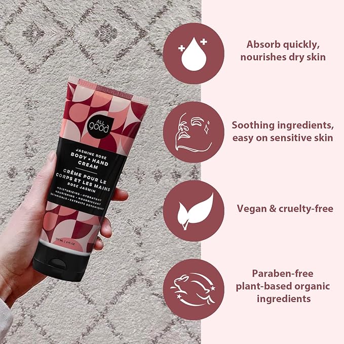 All Good Hand & Body Lotion - Moisturizing Organic Lotion for Dry Skin - Jasmine Oil, Cocoa Butter, Rosehip Oil, Arnica, Vitamin E - Non-Greasy Body Butter, 6 fl oz (2-pack, Jasmine Rose)