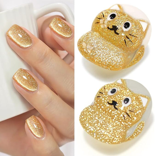 Double Rhythm Cat Eye Gel Polish with Magnet 15ML Holographic Glitter Shimmer Translucent Sheer Color Glass Magnetic Gel Polish Salon DIY at Home (Light Gold-MC1064)