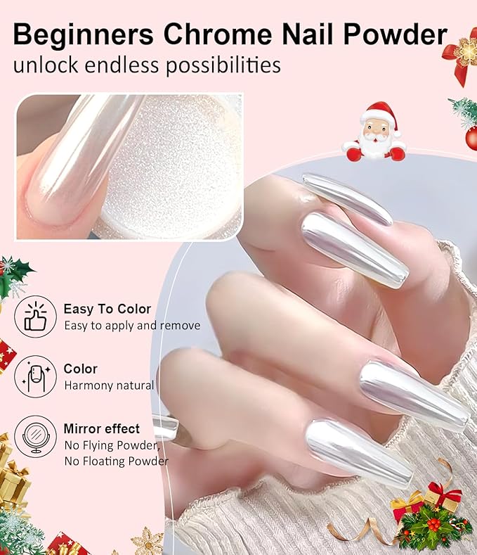 Gold Chrome Nail Powder 24K Mirror Effect BISHENGYF - Pink Gold Nail Chrome Powder Aurora Mermaid Mirror Effect POwder, White Pearl Iridescent Holographic Metallic Pigment Dust for NAil Art Decoration