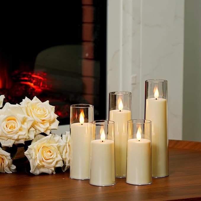 Amagic Flameless Candles Battery Operated, LED Candles with Remote and Timer, Acrylic Plexiglass Flickering Fake Candle for Wedding, Home Decor, Ivory White, Set of 5, D2.2 x H5 5" 6" 7" 8"