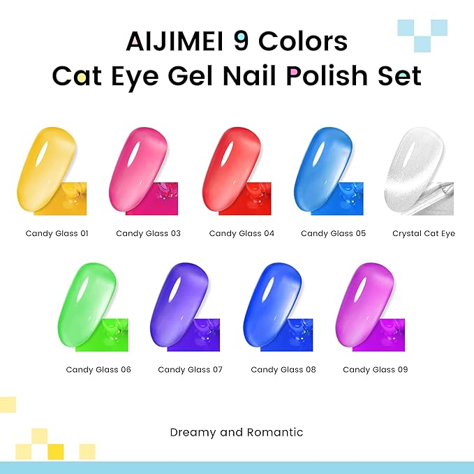AIJIMEI Cat Eye Gel Polish Set -9 Colors 10ML Magnetic Gel Nail Polish Kit Nail Art, Soak Off LED/UV Lamp Cured, Professional Salon Quality, Long Lasting