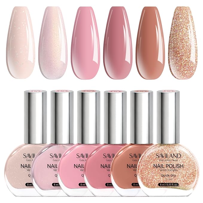 SAVILAND Pink Nude Nail Polish Set: 6-Color Quick Air Dry Nail Polish Shimmer Glitter Pearl Pink Fingernail Polish Set 12-Free Nail Lacquer DIY Home Christmas Gifts for Women 8ml