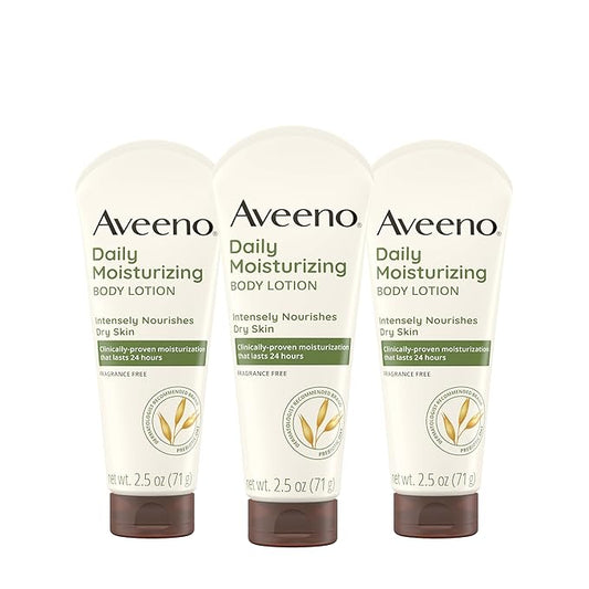 Aveeno Daily Moisturizing Body Lotion, Gentle Lotion Nourishes Dry Skin with Moisture, Sooth-ing Prebiotic Oat, Fragrance-Free, Non-Comedogenic, Travel-Size, 2.5 fl. oz, 3 Pack