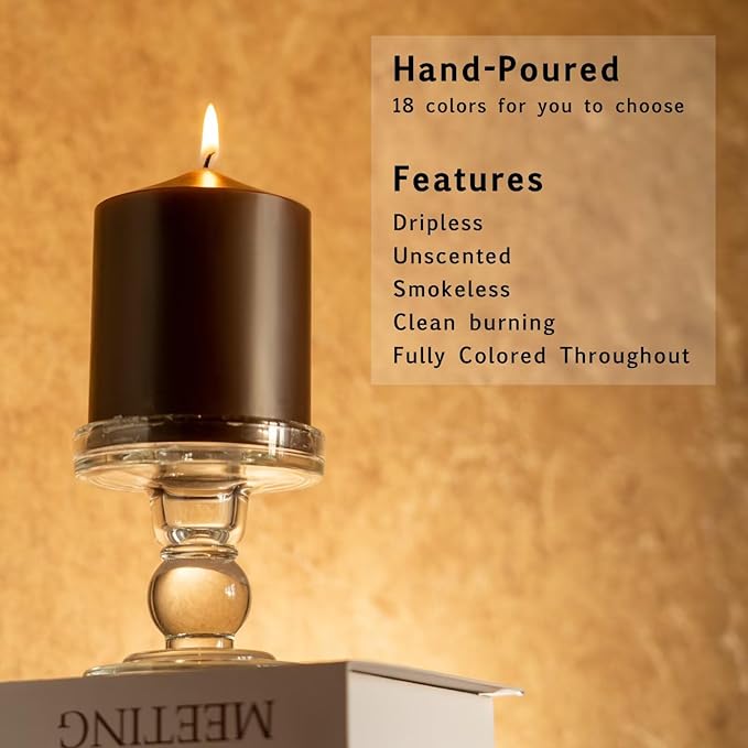 MOZEAL 3" x 4" Hand-Poured Unscented Brown Pillar Candles,Dripless Candles Set of 3,Smokeless,Clean Burning,Approx 60 Hours Burn Time,Wedding,Dinner,Christmas and Home Decor（3 Inch Width Series）