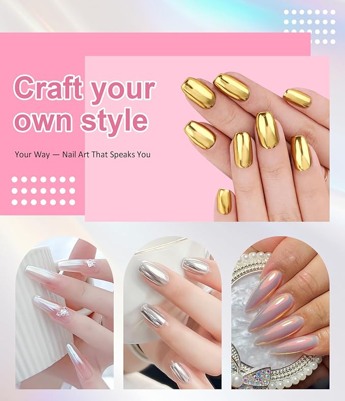 Gold Chrome Nail Powder 24K Mirror Effect BISHENGYF - Pink Gold Nail Chrome Powder Aurora Mermaid Mirror Effect POwder, White Pearl Iridescent Holographic Metallic Pigment Dust for NAil Art Decoration
