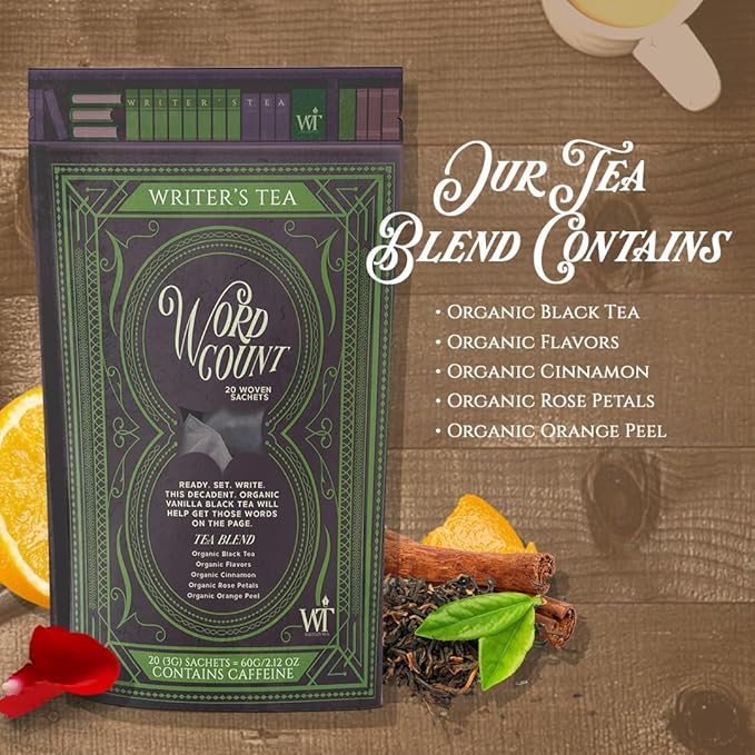 Writer's Tea Word Count - Energy Tea - Black Tea, Flavoring, Cinnamon, Rose Petals, and Orange Peel Tea Blend - Contains Caffeine - 20 Woven Sachets
