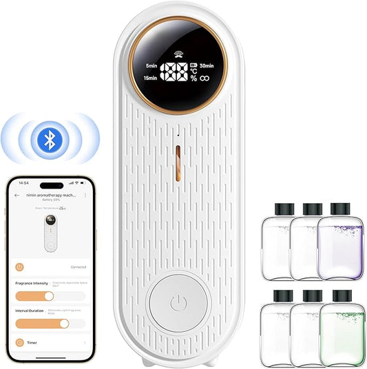 Bluetooth Essential Oil Air Freshener Diffuser with App Control - Waterless Aromatherapy Diffuser for Home, Office, Bathroom | 6 Essential Oils Included, Temperature Display