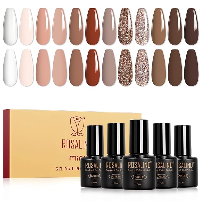 ROSALIND Nude Brown Gel Nail Polish Set, 12 Colors White Nude Brown Gel Polish Soak Off Classic Gel Polish Set for Nail Art Gift