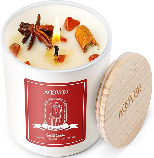 AOOVOO Apple Cinnamon Scented Candles for Women - Aromatherapy Candle with Crystals Inside, 10oz Soy Candles for Home Scented, Birthday Gifts Candle for Women Mom