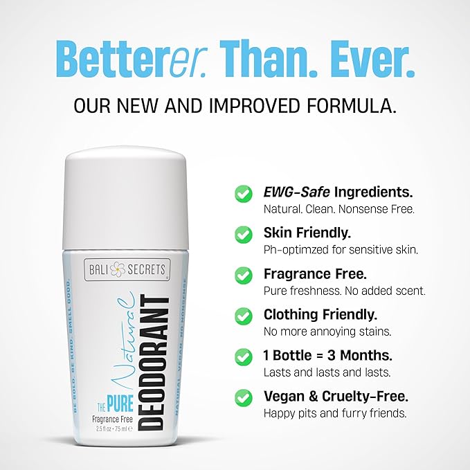 Bali Secrets Natural Deodorant for Women & Men. Fragrance Free. Unscented. Clean Formula for Sensitive Skin. Strong & Reliable Odor Protection. No Synthetic Aluminum. Organic & Vegan [THE PURE]