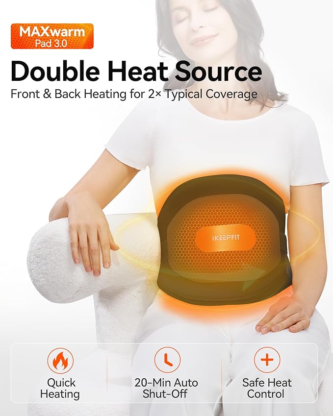 Portable Heating Pad with Massager for Back Pain Relief: MAXwarm 3.0, IKEEPFIT Electric Cordless Heat Pad for Period Cramps, Extra Large 65", 8000mAh Battery, Gift for Women Men (Black)