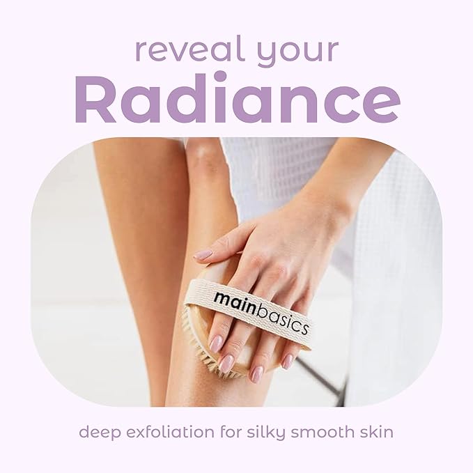 MainBasics Dry Brushing Body Brush for Lymphatic Drainage, Dry Skin, Cellulite, Blood Circulation with Exfoliating Natural Bristles and Massage Nodes for Flawless Skin