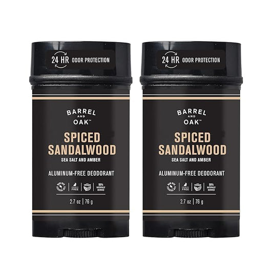 Barrel & Oak Aluminum Free Deodorant for Men, Natural Men's Deodorant with Sea Salt & Amber Essential Oil for Delicate Skin, Grooming Kit Gifts for Men, Spiced Sandalwood, 2.7 oz, 2-Pack