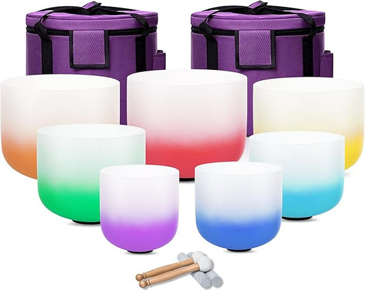 6-12inch 432hz Quartz Crystal Singing Bowls Set of 7, for Healing Mindfulness Meditation Yoga Sound Baths