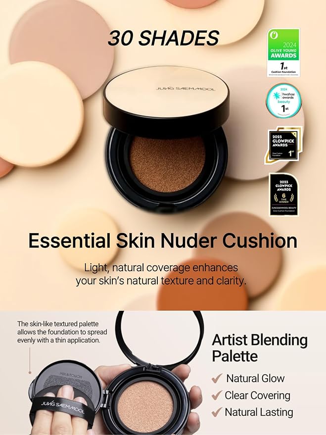 JUNG SAEM MOOL Essential Skin Nuder Cushion 30N Amber 0.49 Fl Oz, No Refill, Natural Radiant Finish Cushion Foundation with Buildable Coverage, Lightweight Texture, Korean Foundation Makeup