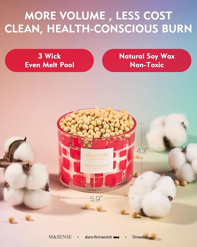 M&SENSE Tropical Fruits Scented Candle,11.6oz Natural Soy Wax, Non Toxic for Home, 3 Wick Jar Candle, Up to 60 Hours Burn time,Housewarming Gifts for Women&Men