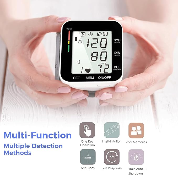 MMIZOO Wrist Blood Pressure Monitor Bp Monitor Large LCD Display Blood Pressure Machine Adjustable Wrist Cuff 5.31-7.68 inch Automatic 99x2 Sets Memory with Carrying Case for Home Use (Black)