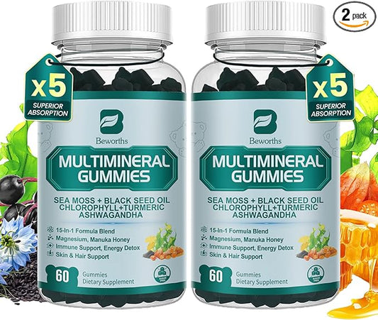 Sea Moss Gummies | Black Seed Oil Ashwagandha Chlorophyll | with Turmeric, Magnesium, Elderberry, Manuka Honey - Irish Sea Moss Gummy for Immune & Digestive, Gut Detox Support | Vegan, 120