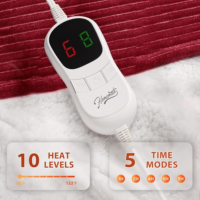 Homemate Electric Heated Blanket Full Size - 72"x84" Heating Blanket Full Size 1/2/4/6/8 Hours Auto-Off 10 Heat Level Over-Heat Protection Soft Flannel Sherpa ETL Certification