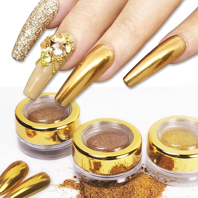 Holographic Mirror Gold Chrome Nail Powder Kit Effect Pure Metallic Dust Sequins UV Gel Gold Nail Chrome Powder Set Pigment for Nail Art Decoration