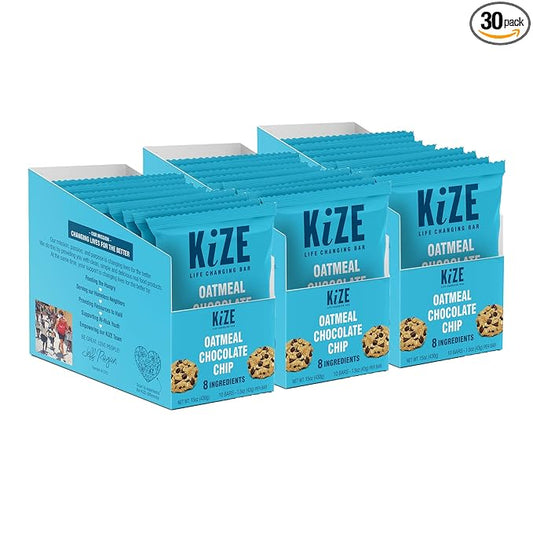 KiZE Energy Bars - Oatmeal Chocolate Chip - 30-Count - Gluten Free, Dairy Free, Non-GMO, and High Protein Meal Replacement Energy Bars, Clean and Simple Food Ingredients - 7g High Protein Snacks (30 Count)