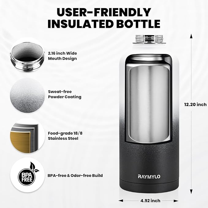 Insulated Water Bottle 87 oz, Triple Wall Vacuum Stainless Steel (Cold for 48 Hrs), Leak Proof & Non-BPA, Modern Water Flask Jug with Paracord Handle & Straw Spout Lids, Ombre: White/Black