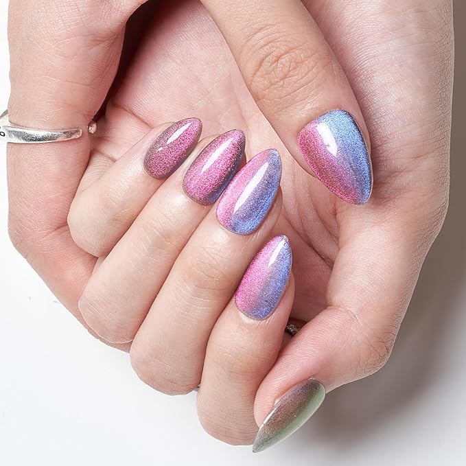GLAMERMAID Pink Blue Magnet Cat Eyes Press on Nails Short Almond, Handmade Chameleon Gel Fake Nail Kit, Ombre Purple Glitter Magnetic Glue on Nail Stiletto, Medium Oval Stick False Nail Set for Women
