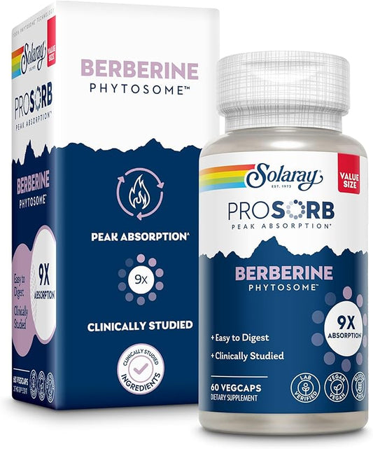 SOLARAY Berberine Phytosome - 9X Absorption and Easy-to-Digest - Standardized to 30% Berberine HCl - Vegan, Made Without Soy - 60-Day Guarantee - 60 Servings, 60 VegCaps