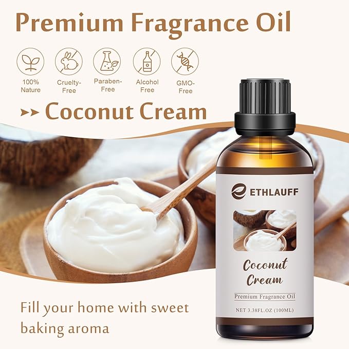 Essential Oils Coconut Cream, 100ml Coconut Fragrance Oil - for Candle, Soap Making, Aromatherapy, Diffusers, Home Care, & Humidifiers, Bath Bombs, Massage