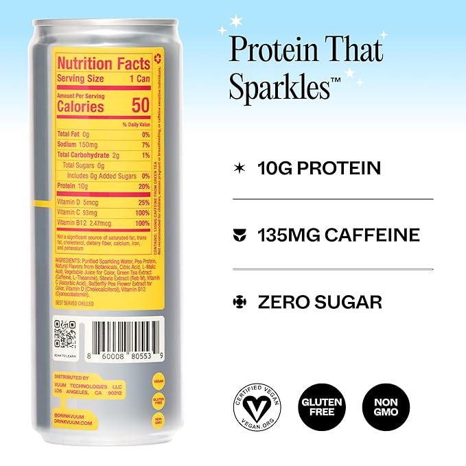 VUUM Sparkling Clear Protein Drink - 10g Plant Protein, Natural Pre Workout Energy Drink, Plant Based, Natural Caffeine, Sugar-Free Protein Drink - Raspberry Lemon, 12 Fl Oz (12 Pack)